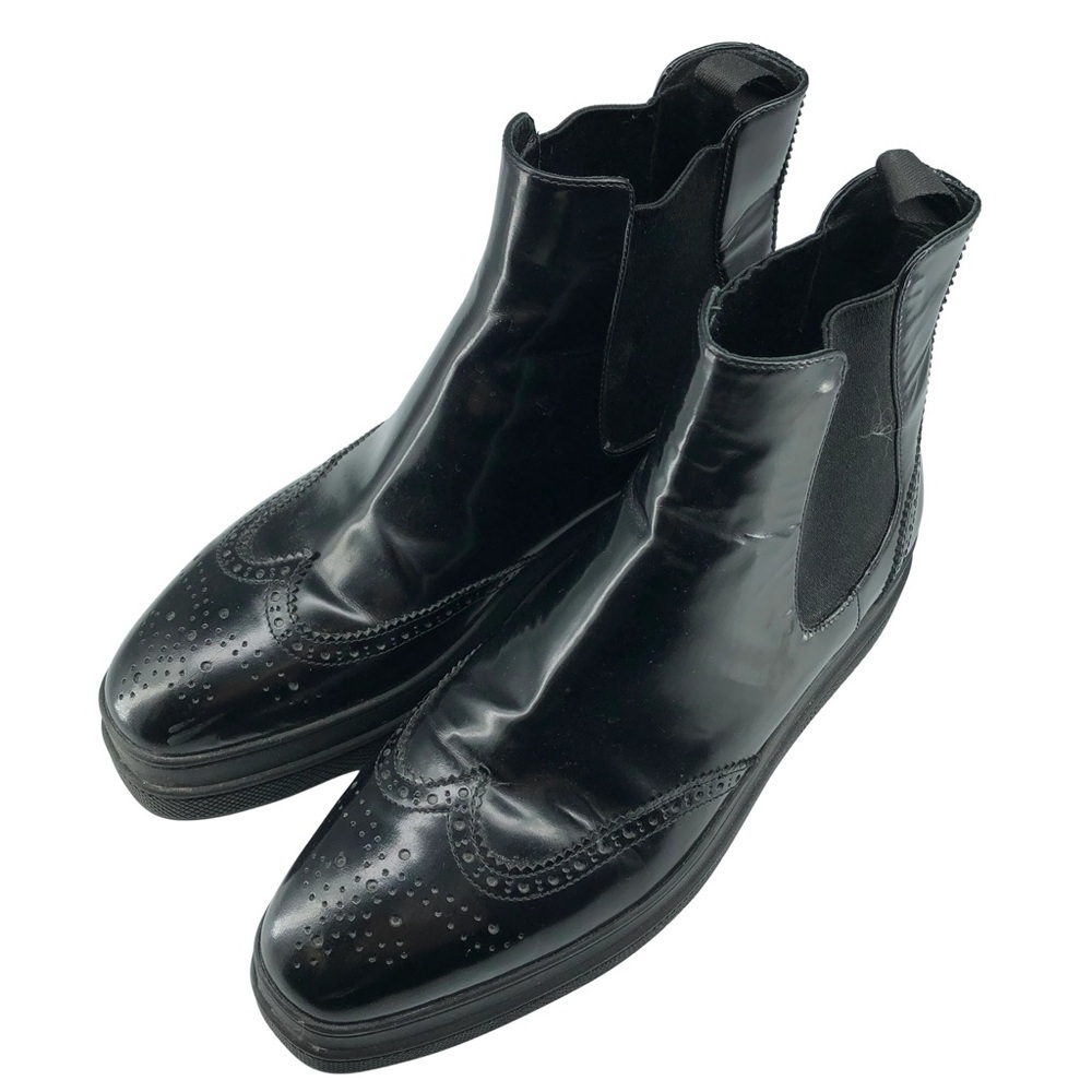 Prada Black Leather Brogue Chelsea Platform Boots Size 38